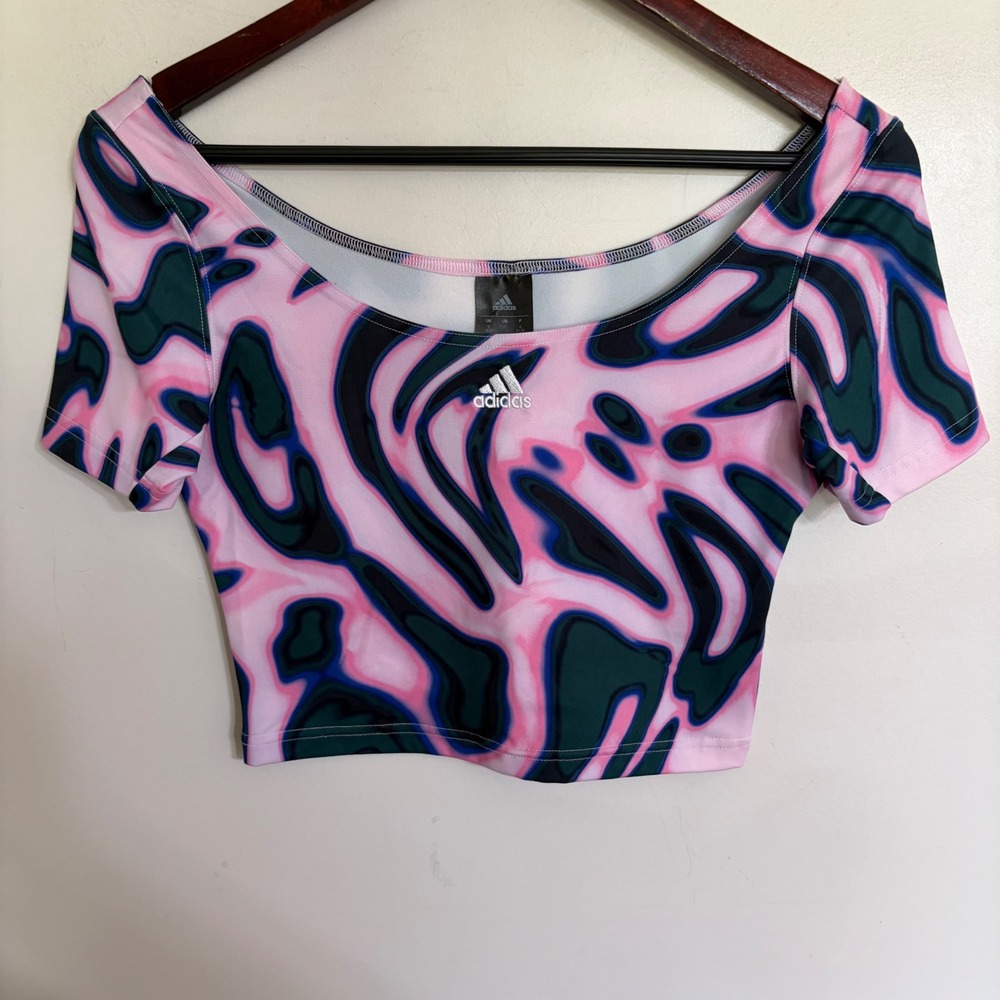Adidas Women Pink Teal Abstract Swirl Print Short Sleeve Crop Top Small